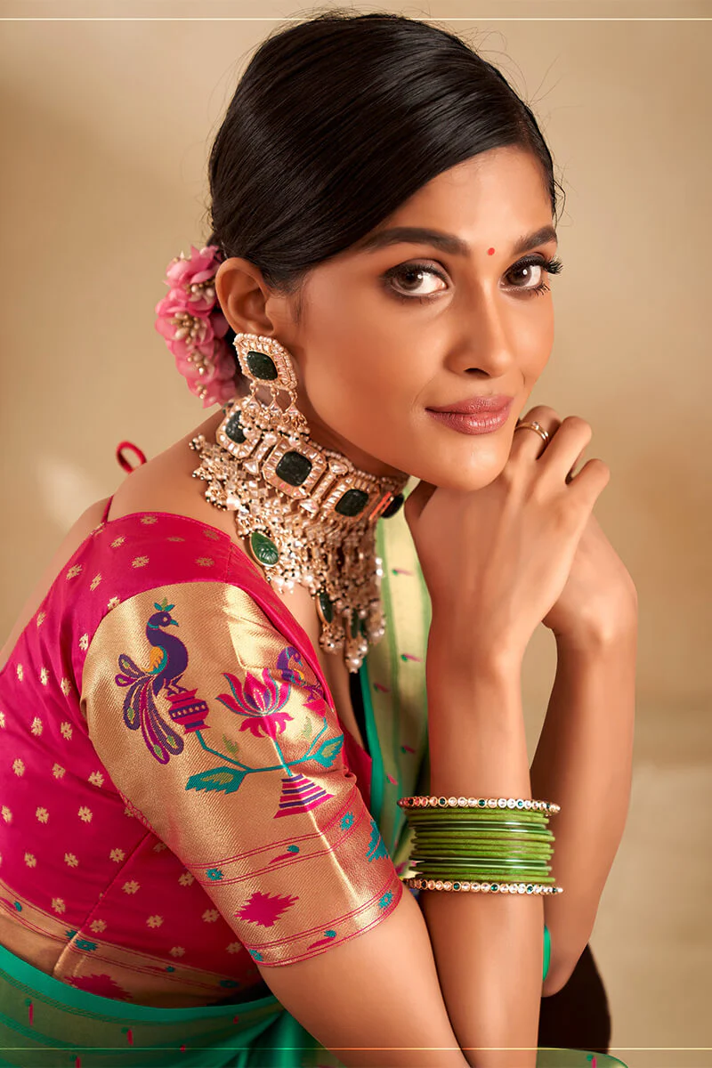 Proficient Sea Green Paithani Silk Saree With Phenomenal Blouse Piece - Image 2