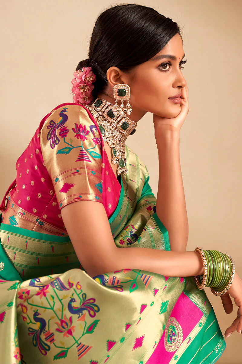 Proficient Sea Green Paithani Silk Saree With Phenomenal Blouse Piece - Image 3