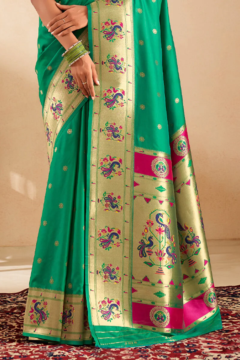 Proficient Sea Green Paithani Silk Saree With Phenomenal Blouse Piece - Image 4