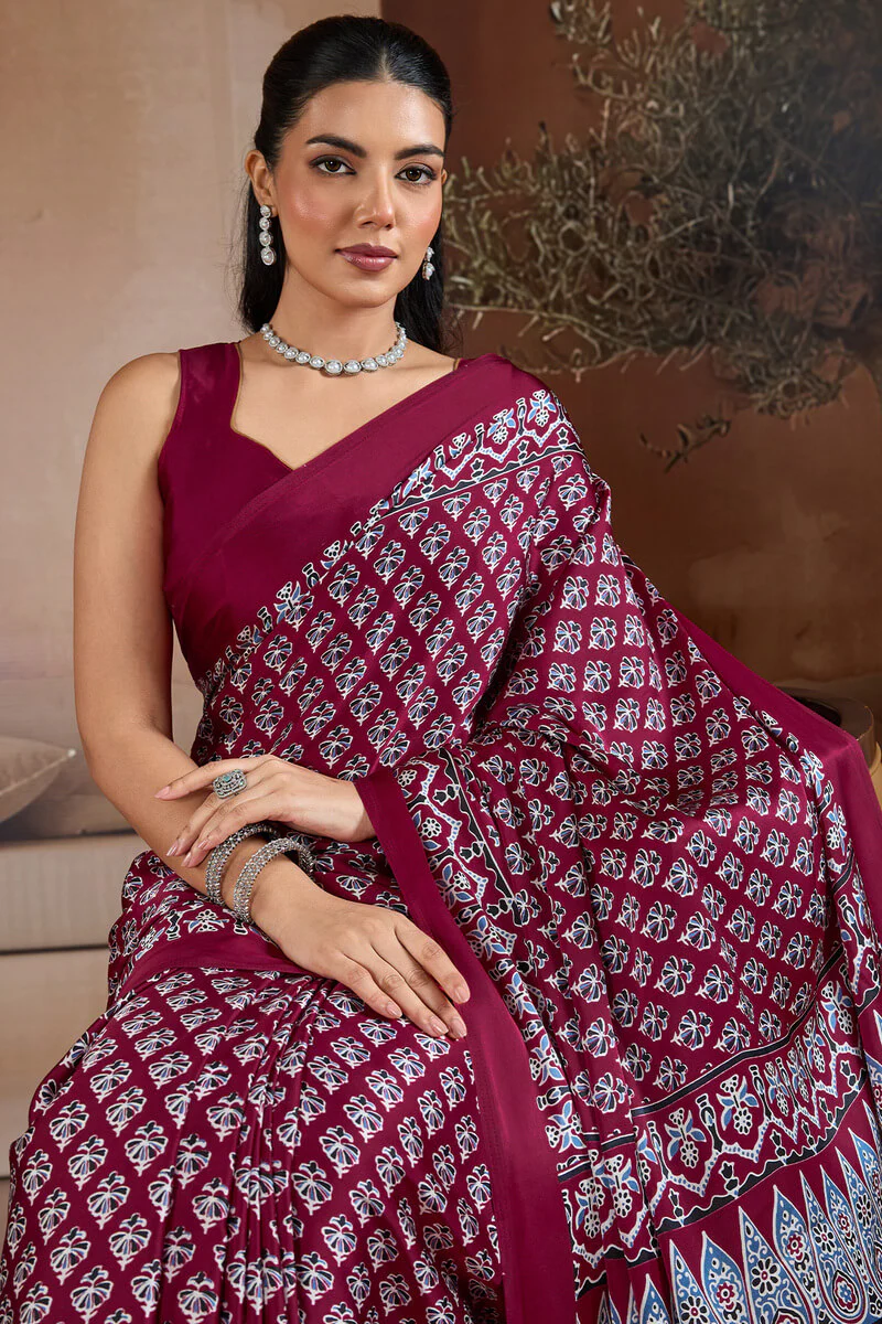 Proficient Wine Ajrakh Printed Satin Silk Saree With Stunner Blouse Piece - Image 2