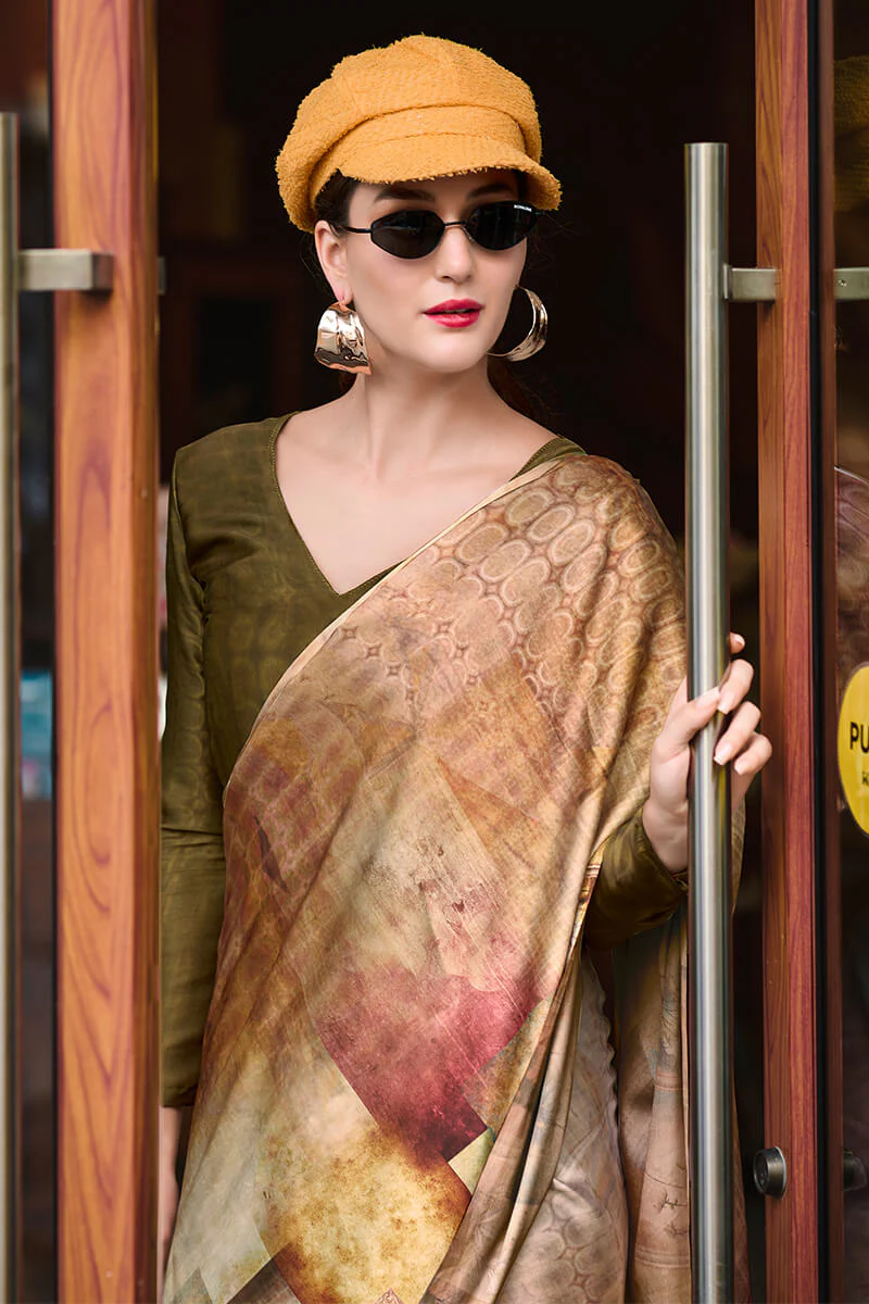 Profuse Beige and Brown Digital Printed Satin Silk Saree With Elaborate Blouse Piece - Image 2