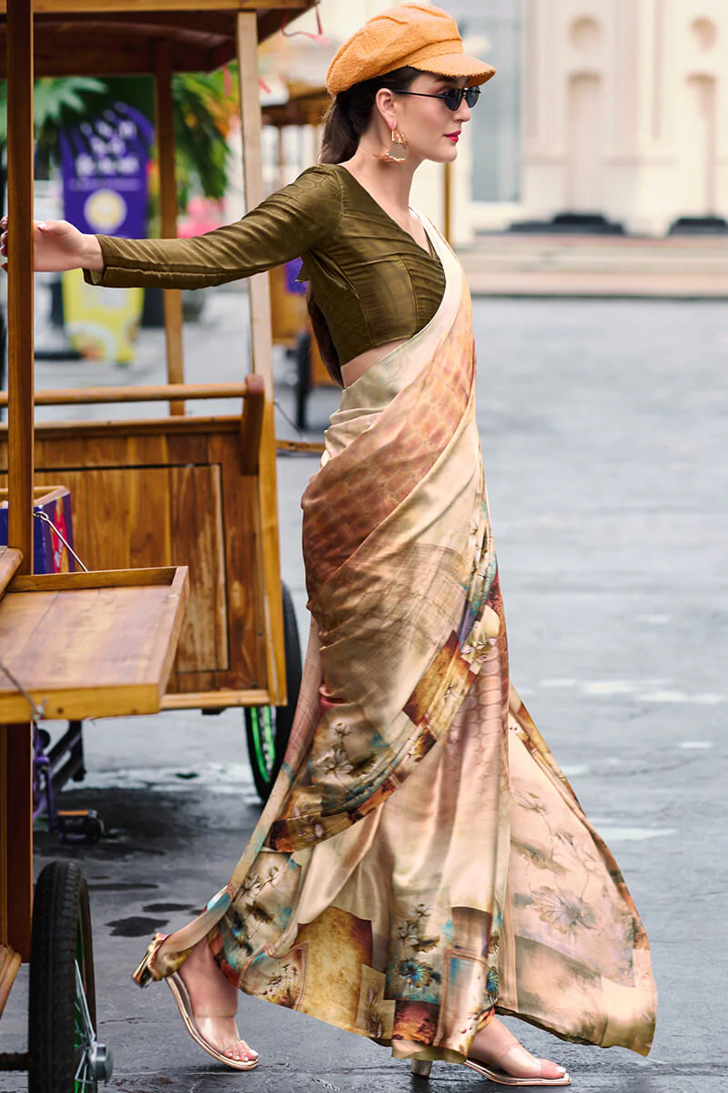 Profuse Beige and Brown Digital Printed Satin Silk Saree With Elaborate Blouse Piece - Image 3