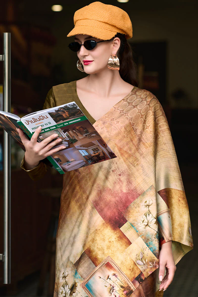 Profuse Beige and Brown Digital Printed Satin Silk Saree With Elaborate Blouse Piece - Image 4