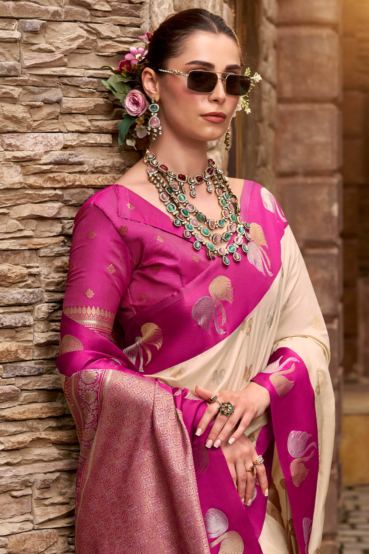 Profuse Beige Banarasi Satin Silk Saree With Admirable Blouse - Image 2