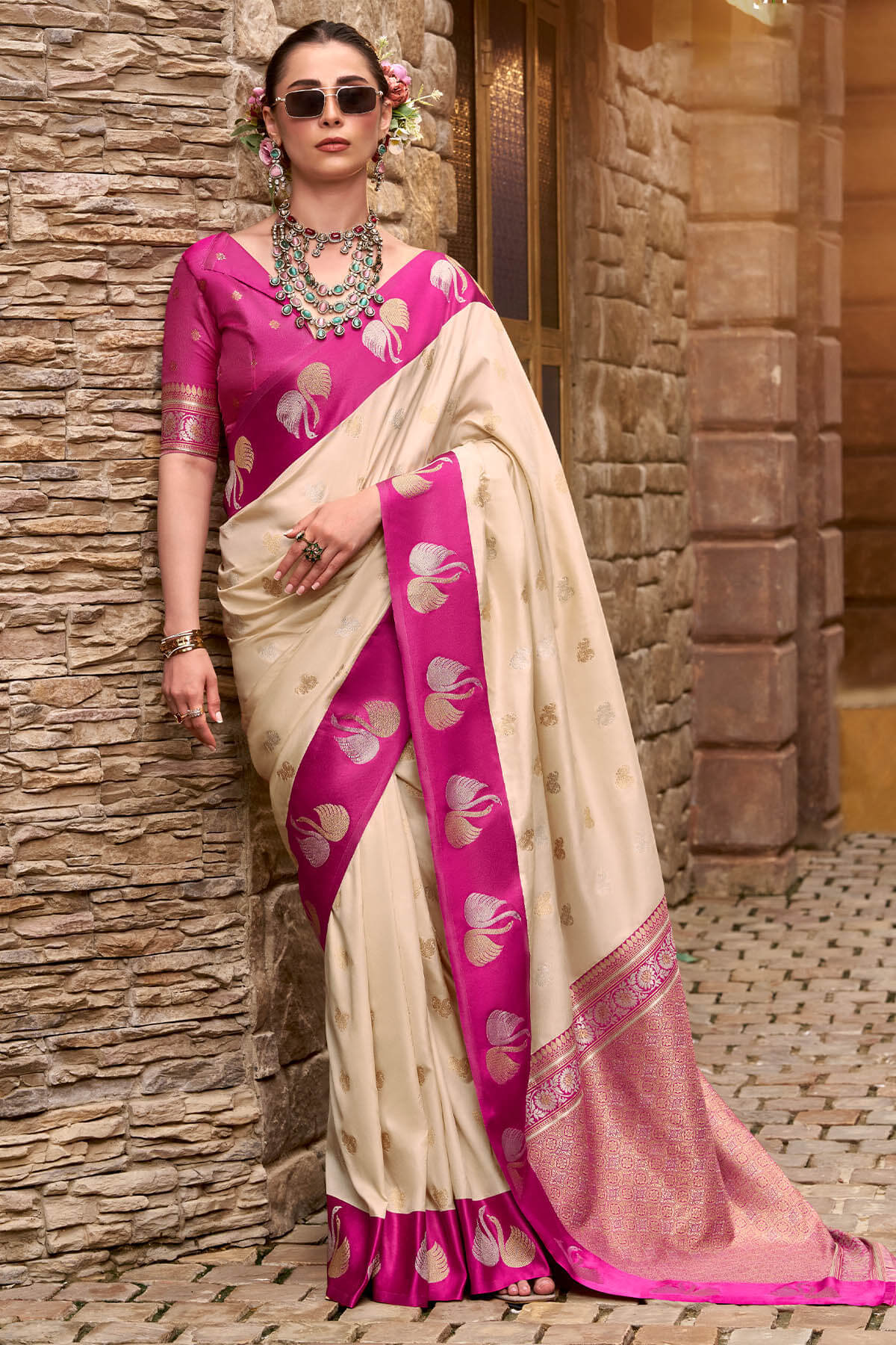 Profuse Beige Banarasi Satin Silk Saree With Admirable Blouse - Image 3