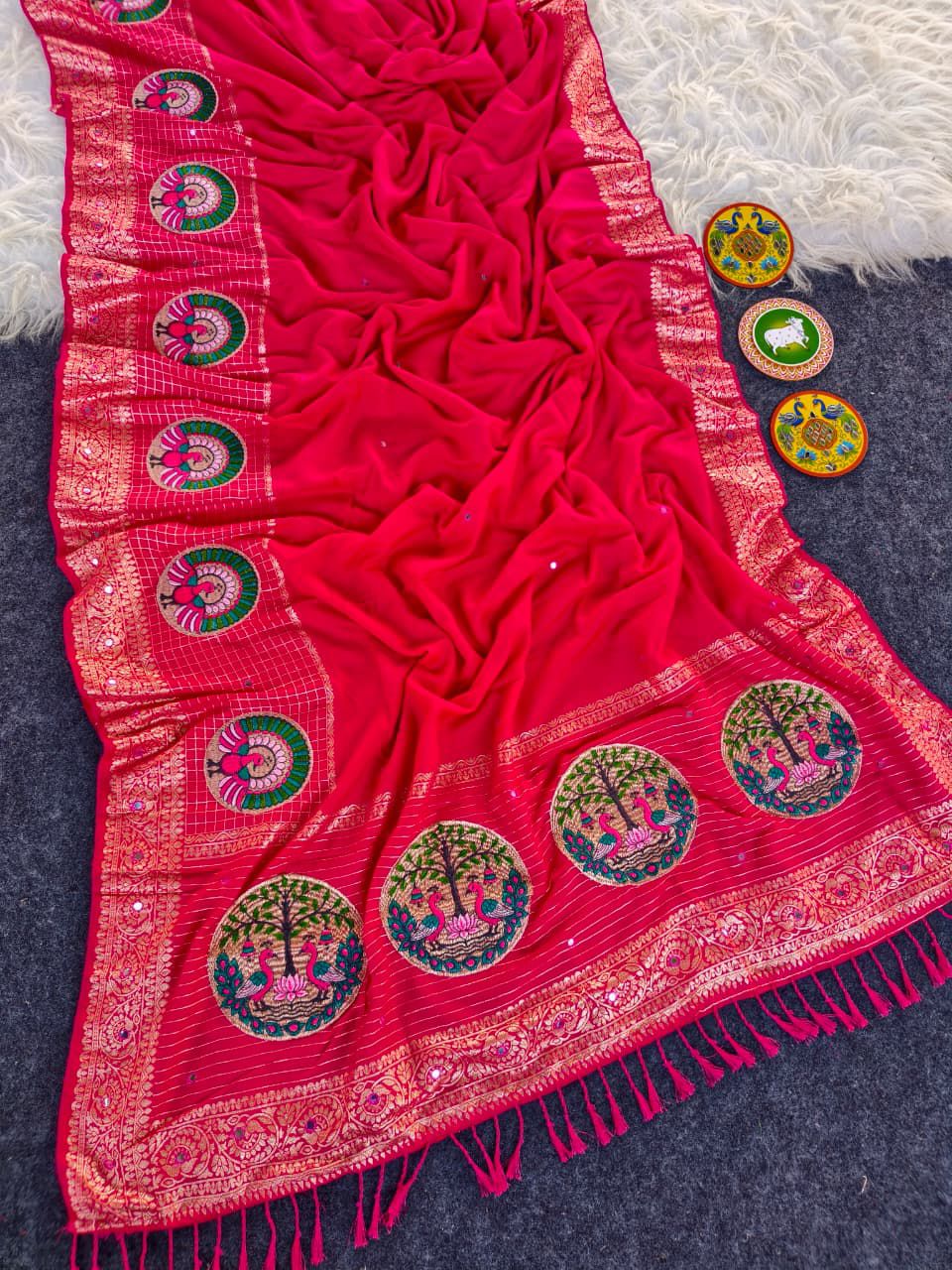 Profuse Dark Pink Embroidery Work Dola Silk Saree With Transcendent Blouse Piece - Image 2