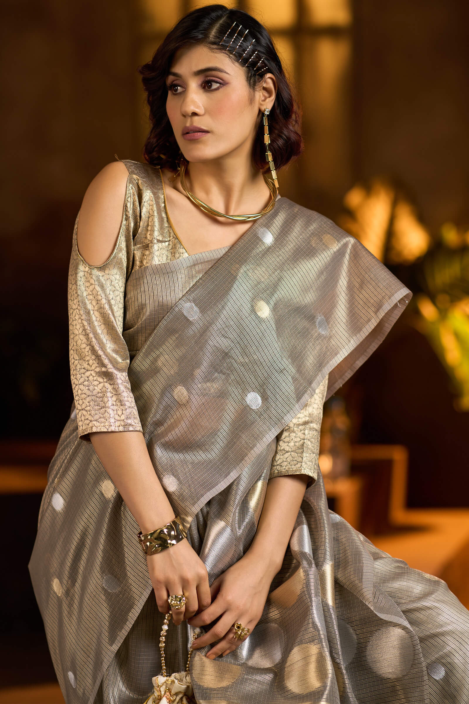 Profuse Grey Soft Banarasi Tissue Silk Saree With Radiant Blouse Piece - Image 2