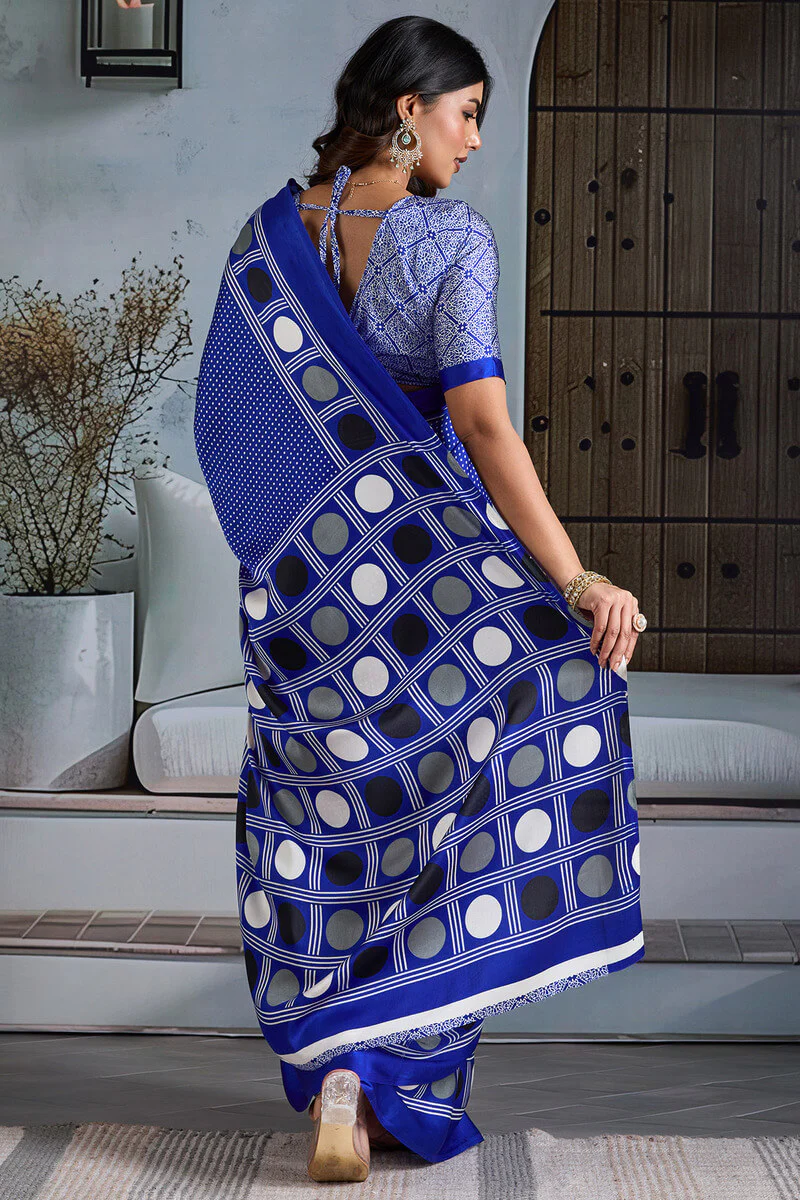 Profuse Royal Blue Ajrakh Printed Satin Silk Saree With Inimitable Blouse Piece - Image 6