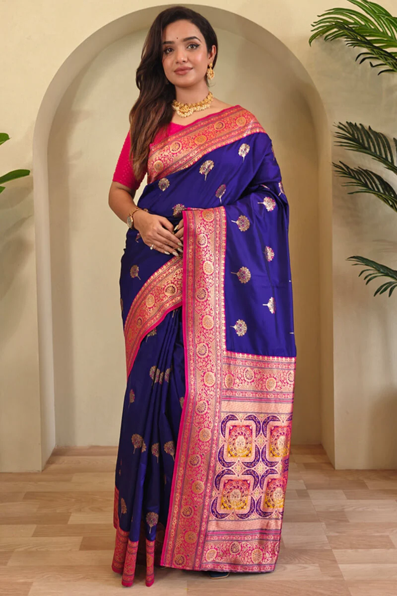 Profuse Royal Blue Soft Banarasi Silk Saree With Resplendent Blouse Piece