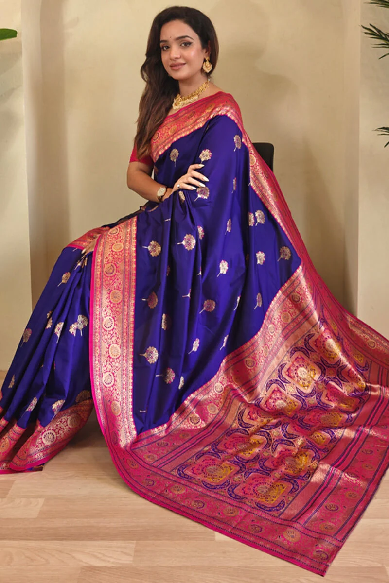 Profuse Royal Blue Soft Banarasi Silk Saree With Resplendent Blouse Piece - Image 2