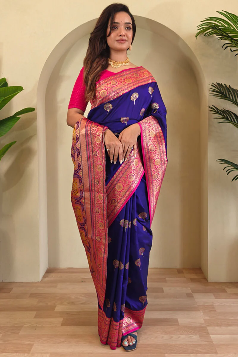 Profuse Royal Blue Soft Banarasi Silk Saree With Resplendent Blouse Piece - Image 4