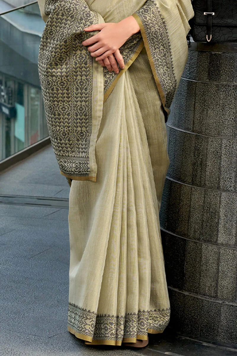 Prominent Beige Cotton Silk Saree With Twirling Blouse Piece - Image 4
