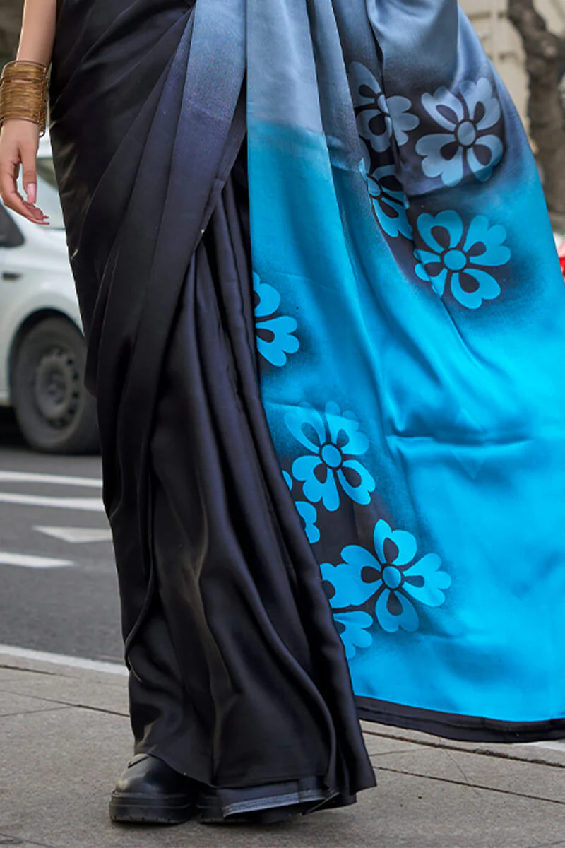 Prominent Black and Firozi Digital Printed Satin Silk Saree With Preferable Blouse Piece - Image 3
