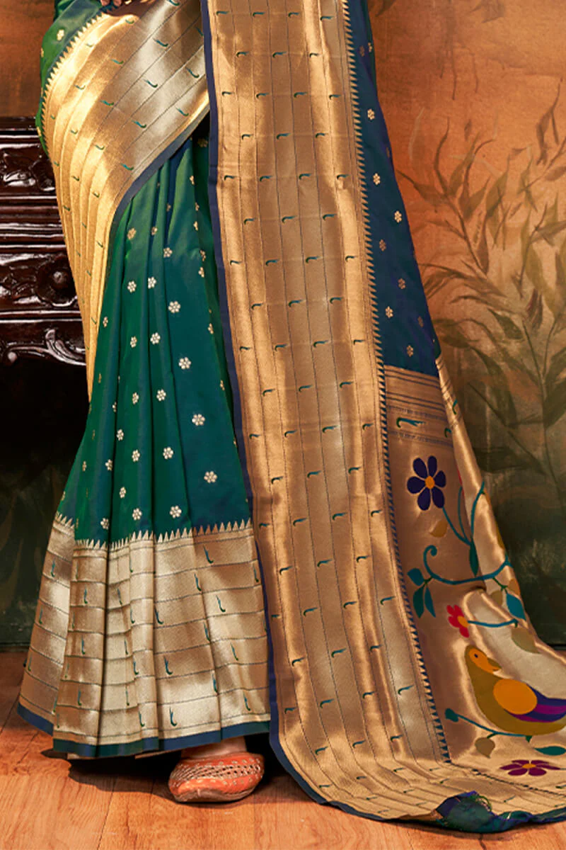 Prominent Dark Green Paithani Silk Saree With Ethnic Blouse Piece - Image 3