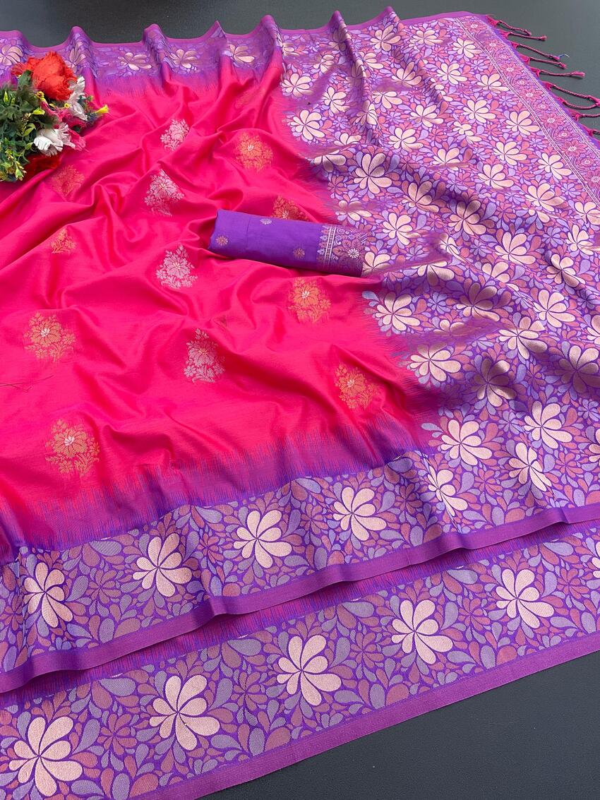 Prominent Dark Pink Soft Banarasi Silk Saree With Comely Blouse Piece - Image 2