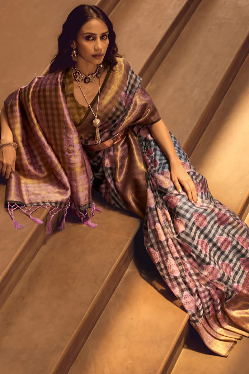 Prominent Grey and Lavender Soft Banarasi Silk Saree With Entrancing Blouse - Image 2