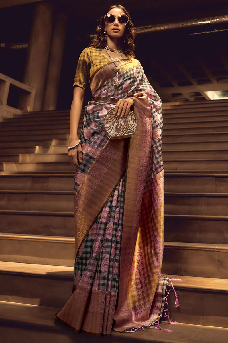 Prominent Grey and Lavender Soft Banarasi Silk Saree With Entrancing Blouse - Image 3