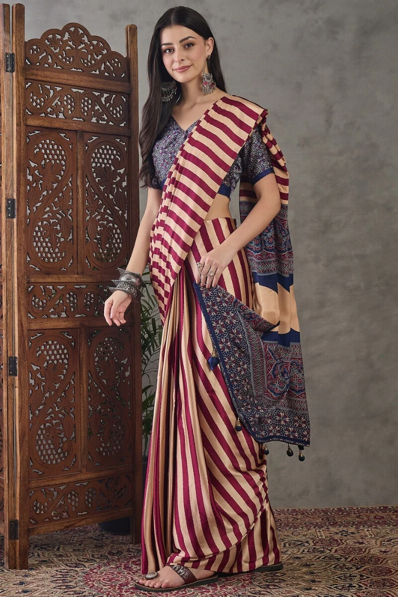 Prominent Maroon Ajrakh Printed Semi Modal Silk Saree With Engaging Blouse Piece - Image 3