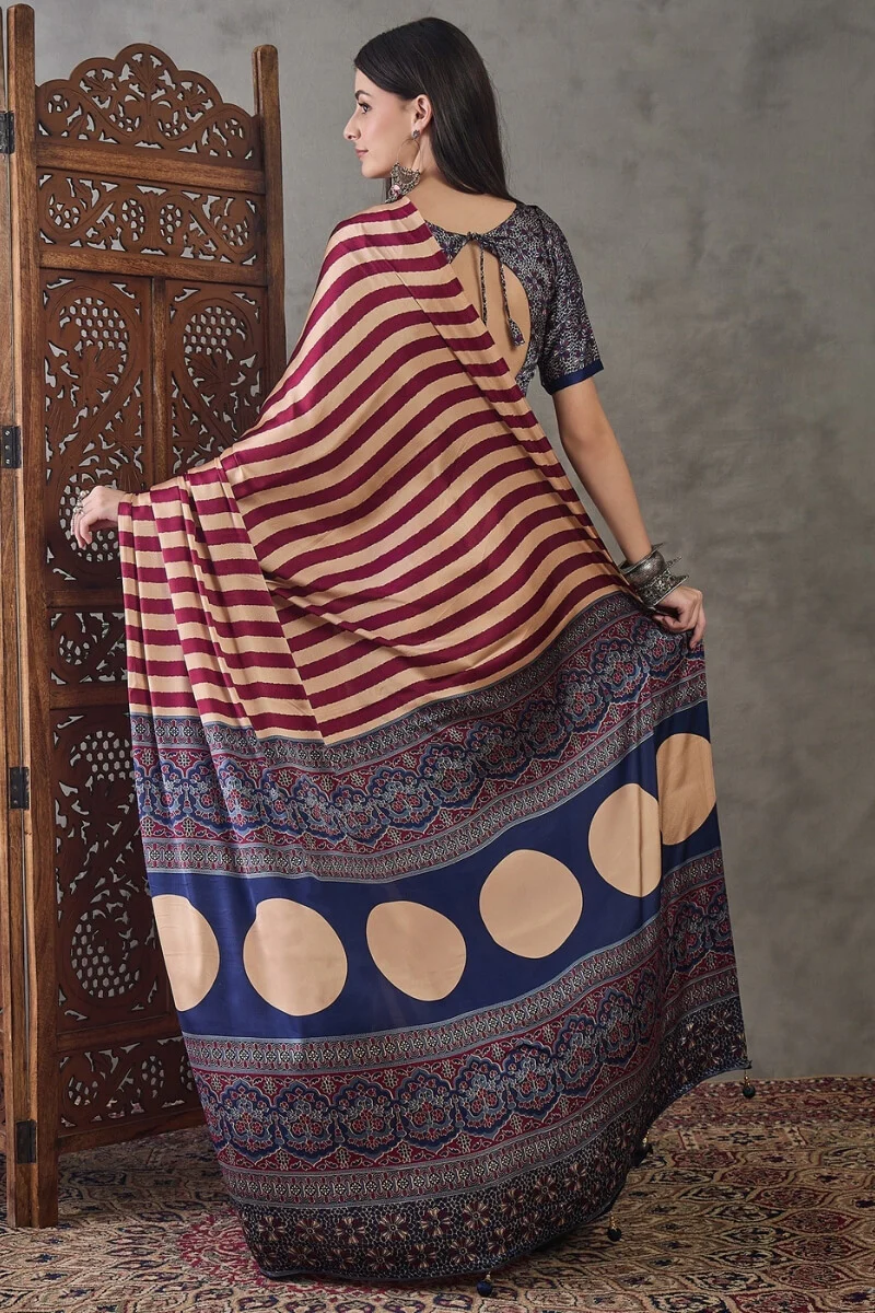 Prominent Maroon Ajrakh Printed Semi Modal Silk Saree With Engaging Blouse Piece - Image 7