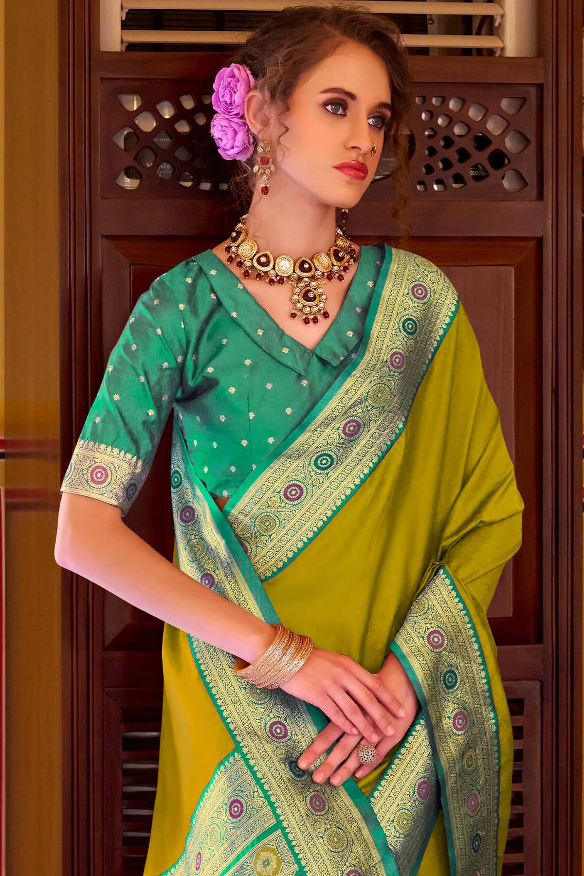 Prominent Mehndi Pure Zari Weaving Banarasi Silk Saree With Precious Blouse Piece - Image 3