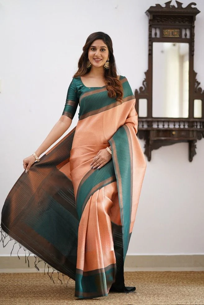 Prominent Peach Soft Silk Saree With Delightful Blouse Piece - Image 3