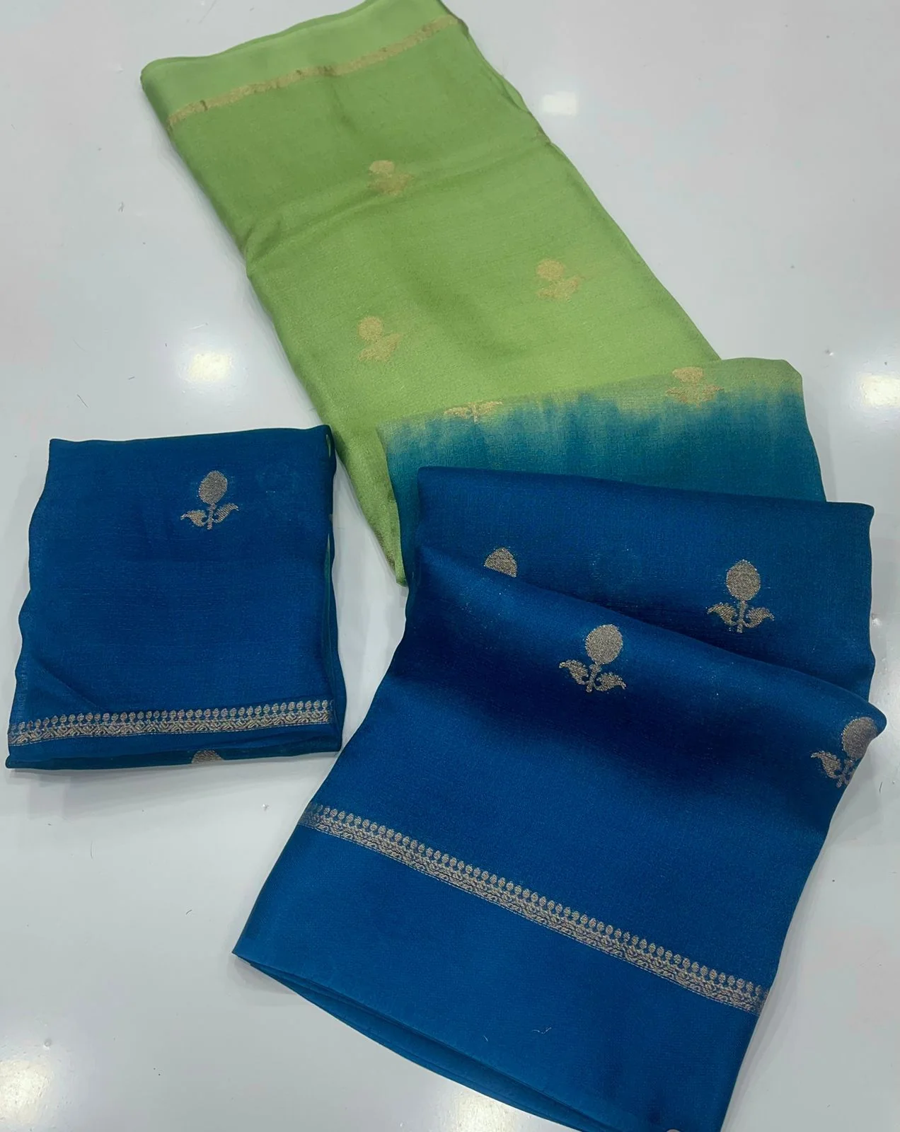 Prominent Pista and Blue Banarasi Khadi Silk Saree With Arresting Blouse Piece - Image 3