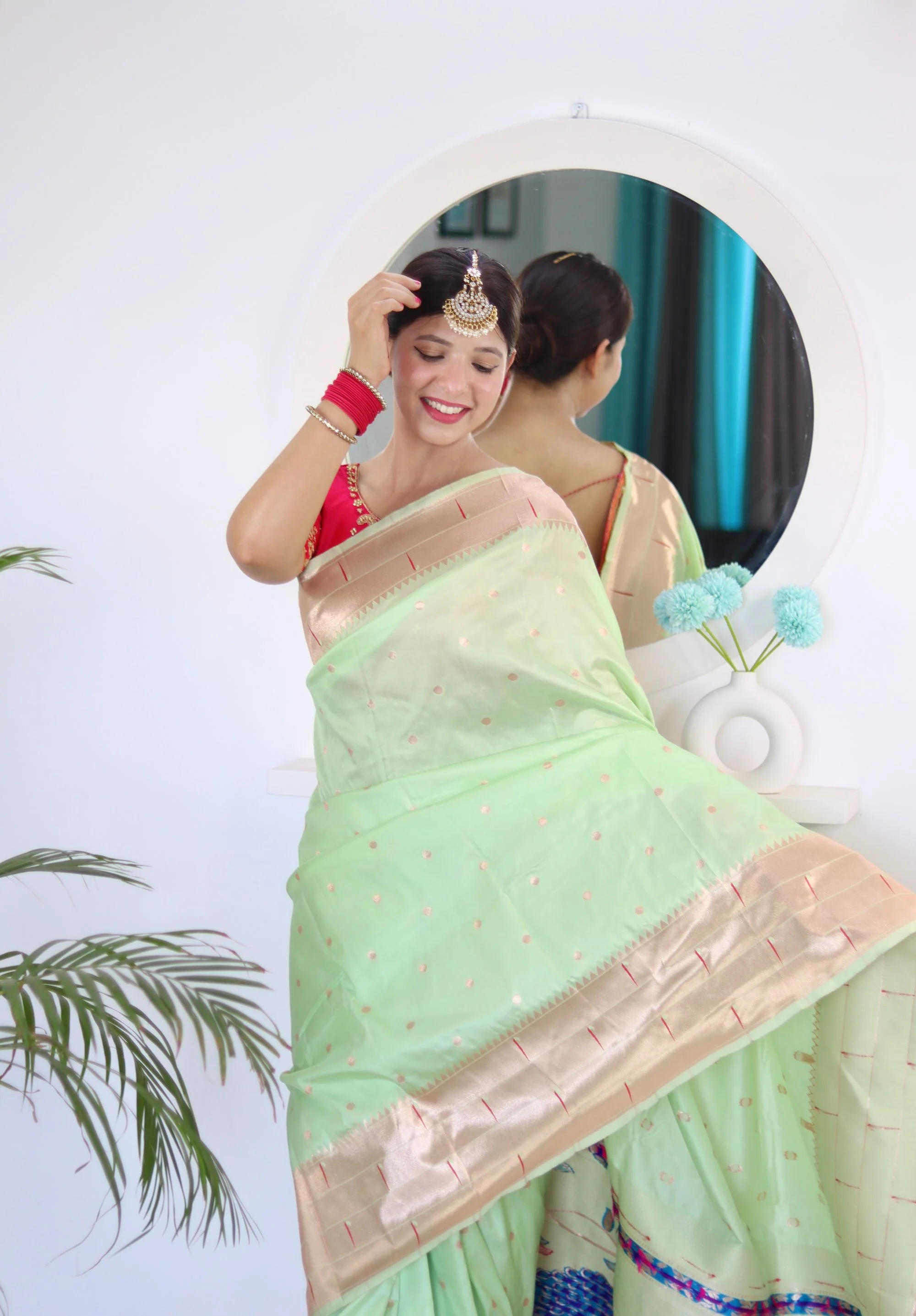 Prominent Pista Paithani Silk Saree With Radiant Blouse Piece - Image 5