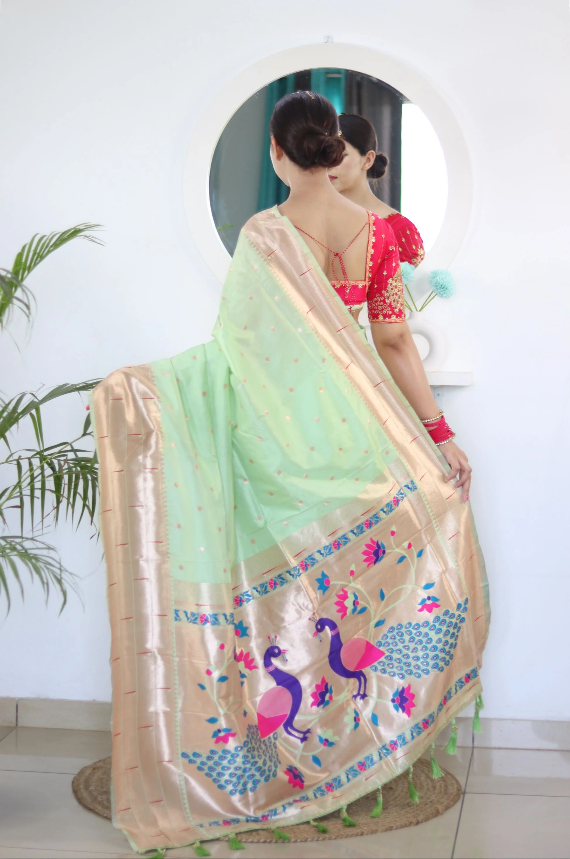 Prominent Pista Paithani Silk Saree With Radiant Blouse Piece - Image 6