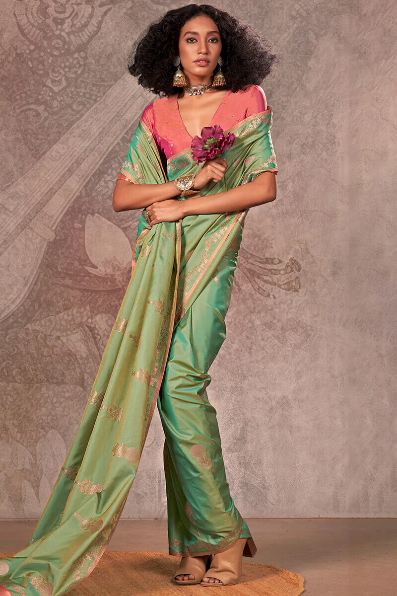 Prominent Pista Two Tone Soft Banarasi Silk Saree With Precious Blouse - Image 3
