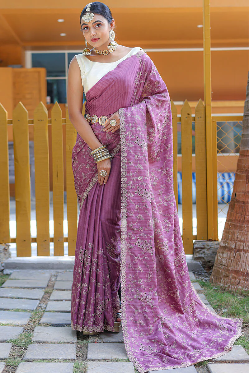Prominent Purple Embroidery Work Soft Silk Saree With Glorious Blouse Piece - Image 3
