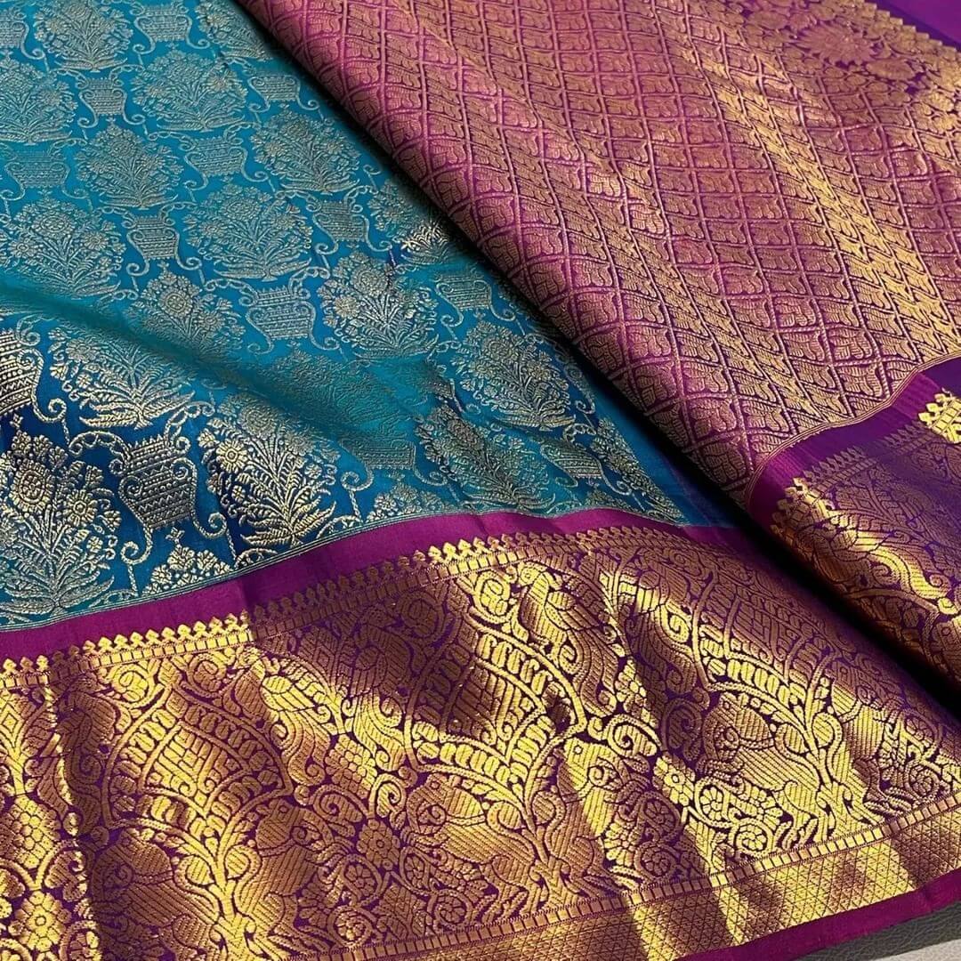 Prominent Rama Soft Banarasi Silk Saree With Excellent Blouse Piece - Image 3
