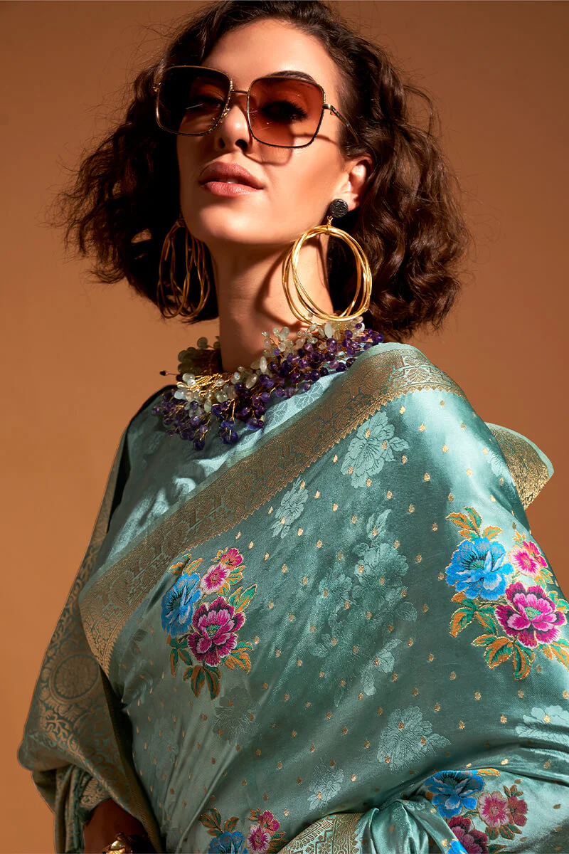 Prominent Sky Banarasi Satin Silk Saree With Glorious Blouse - Image 2