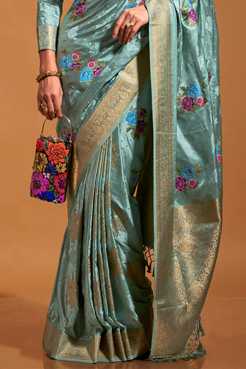 Prominent Sky Banarasi Satin Silk Saree With Glorious Blouse - Image 3