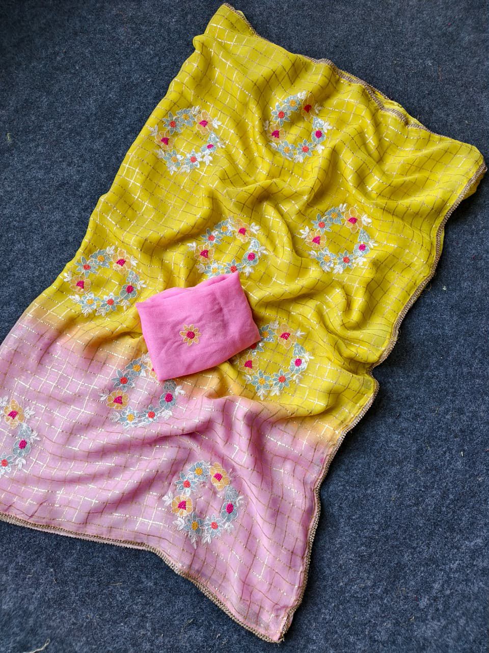 Prominent Yellow and Pink Embroidery Work Pure Georgette Saree With Palimpsest Blouse Piece - Image 2