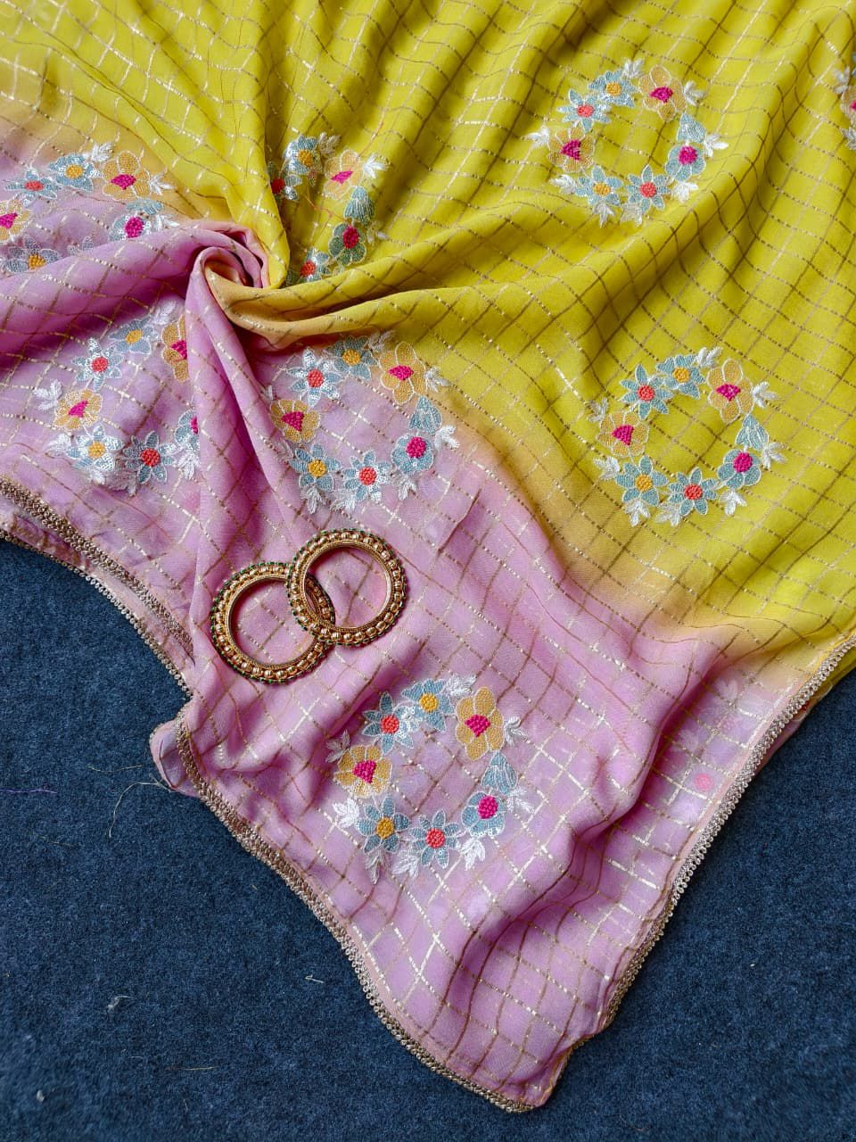 Prominent Yellow and Pink Embroidery Work Pure Georgette Saree With Palimpsest Blouse Piece - Image 5