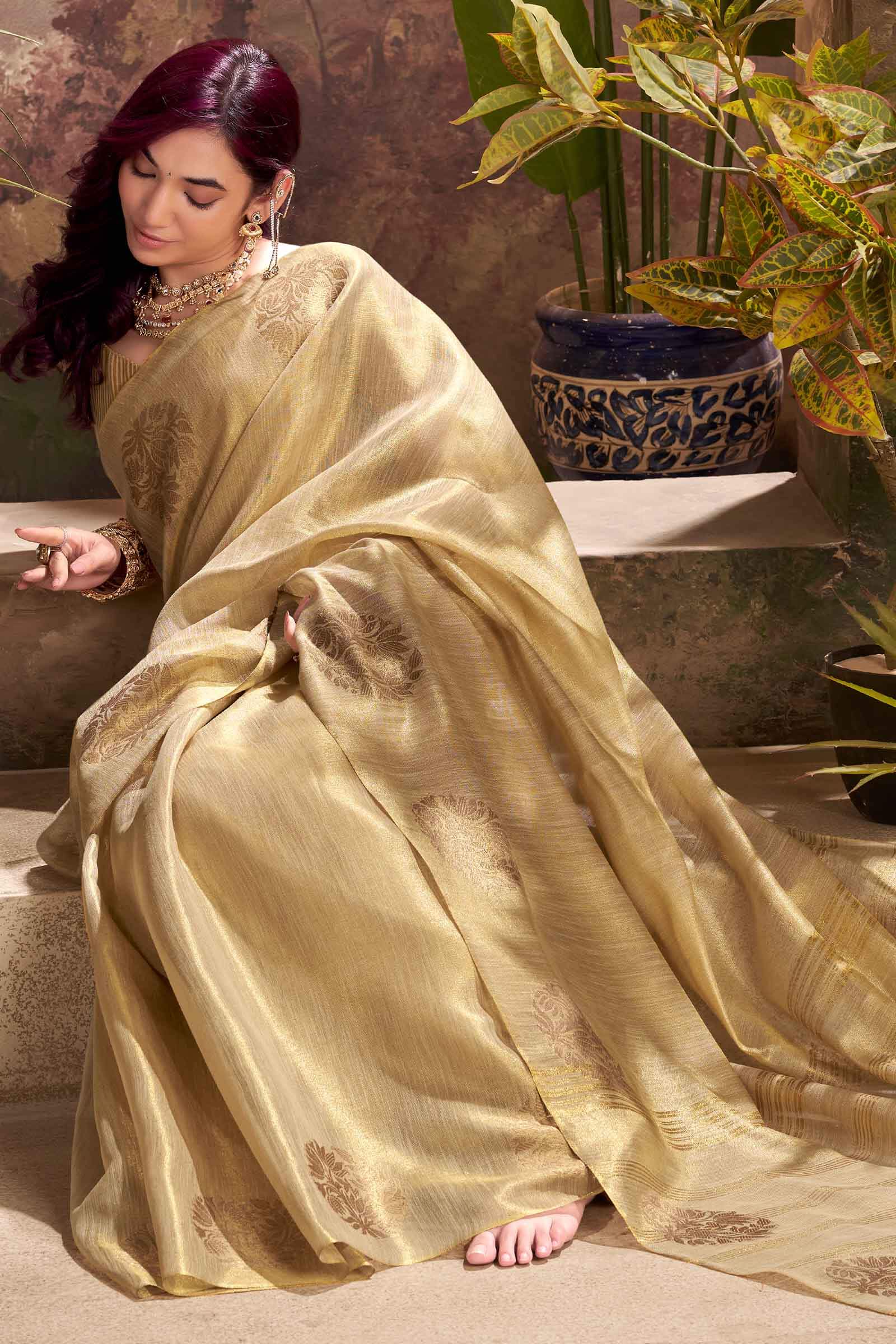 Propinquity Beige Soft Banarasi Tissue Silk Saree With Enchanting Blouse Piece - Image 2