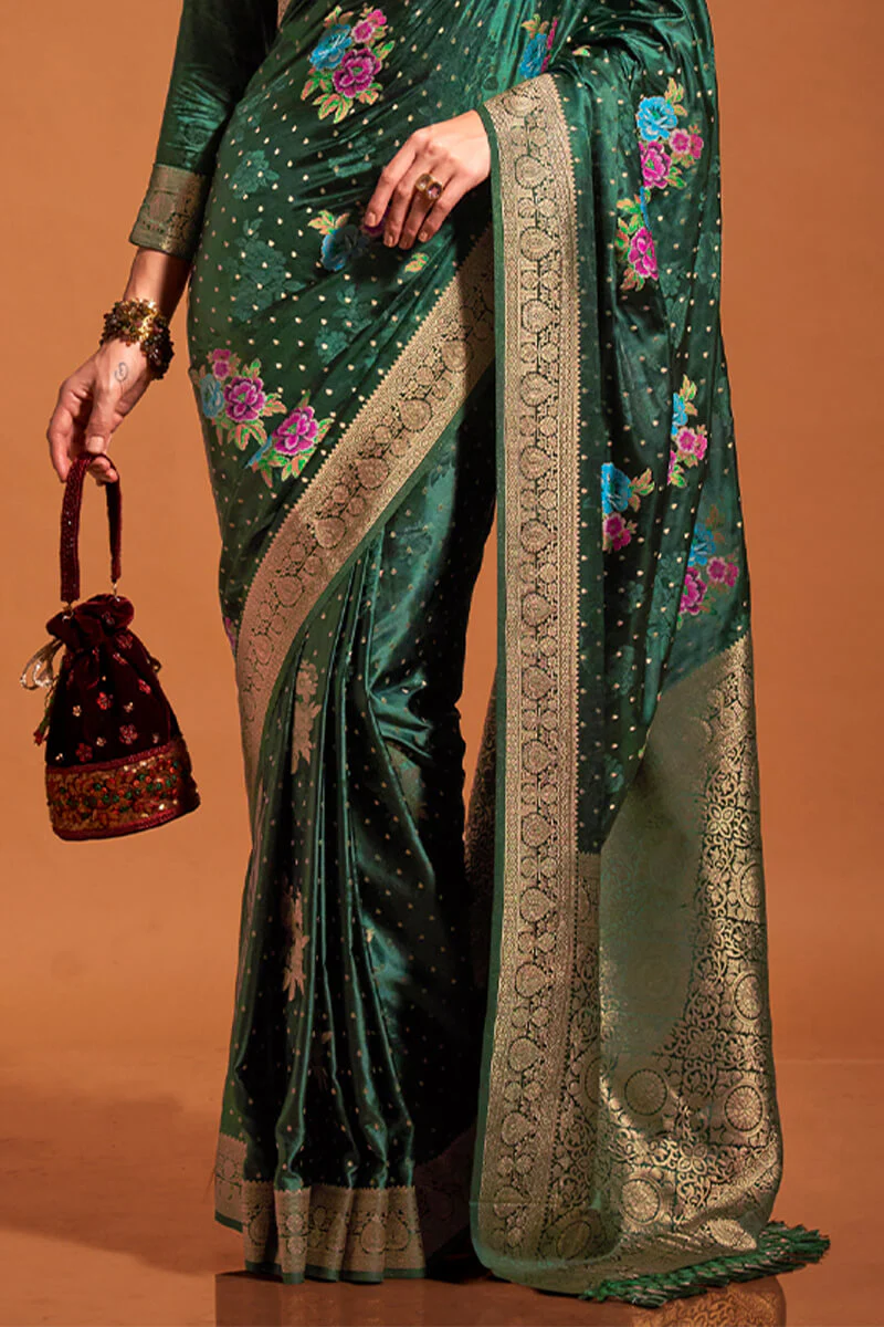 Propinquity Dark Green Banarasi Satin Silk Saree With Susurrous Blouse - Image 3