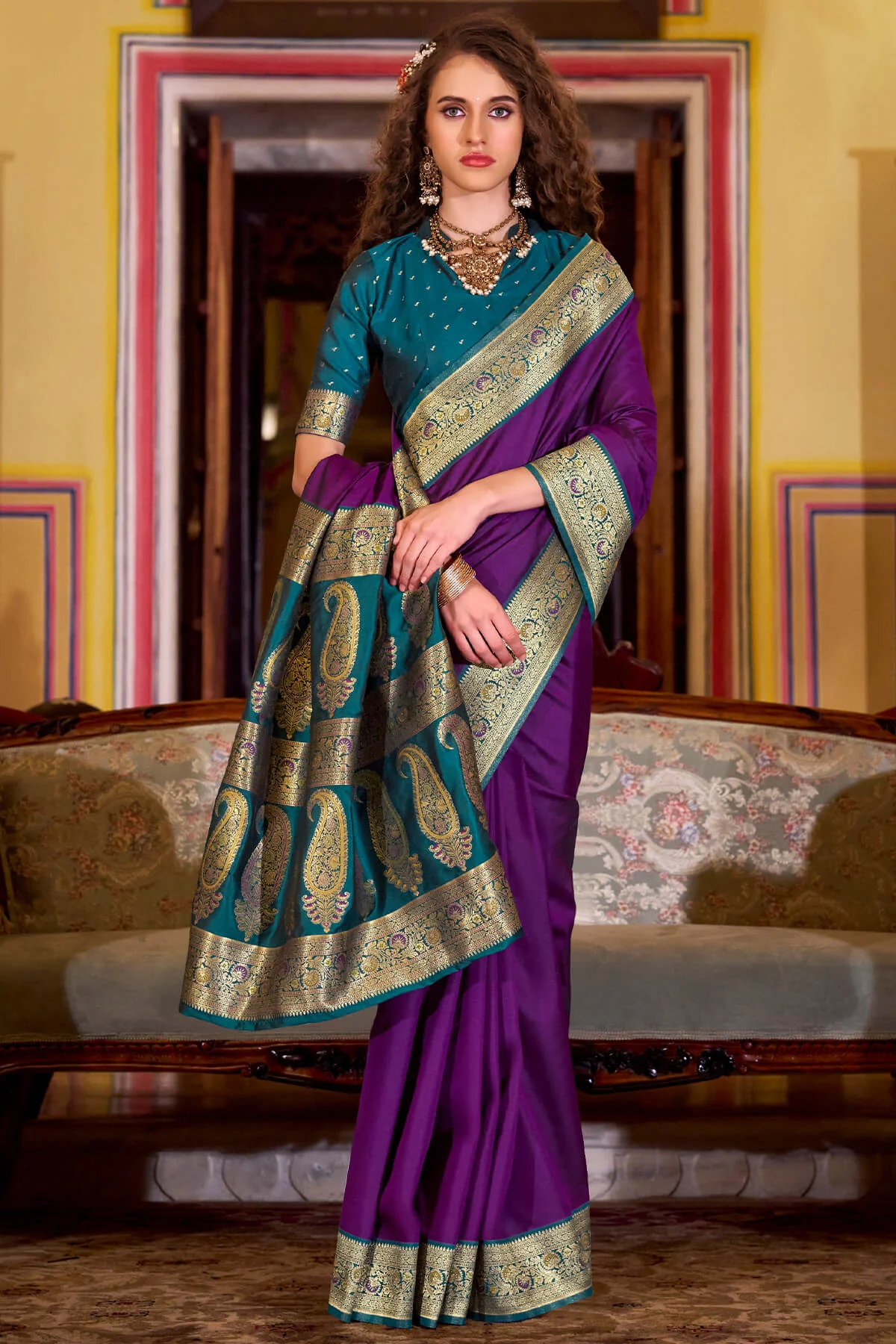 Propinquity Purple Soft Banarasi Silk Saree With Glamorous Blouse Piece - Image 3