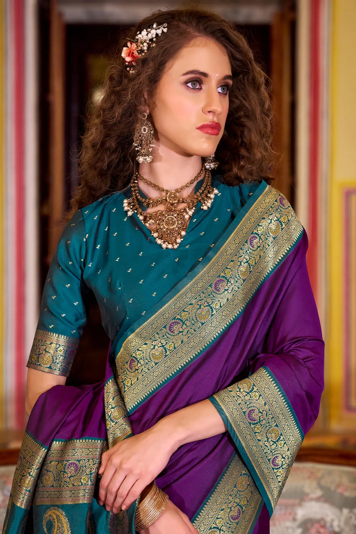 Propinquity Purple Soft Banarasi Silk Saree With Glamorous Blouse Piece - Image 4