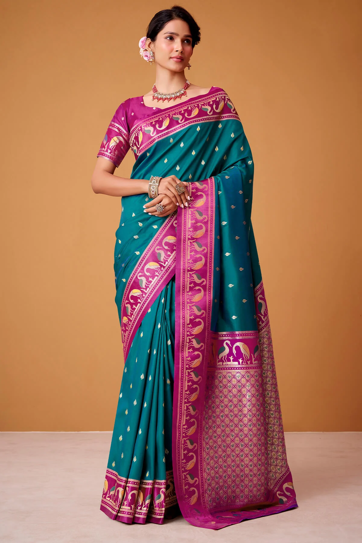 Propinquity Rama Banarasi Satin Silk Saree With Eloquence Blouse