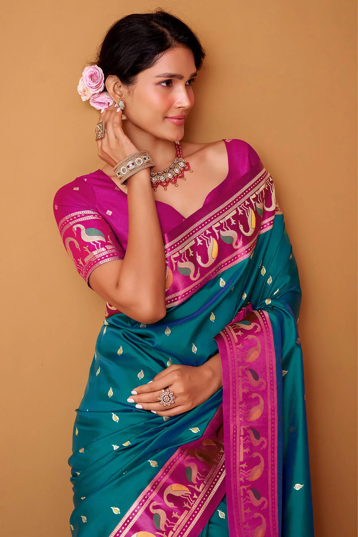 Propinquity Rama Banarasi Satin Silk Saree With Eloquence Blouse - Image 2