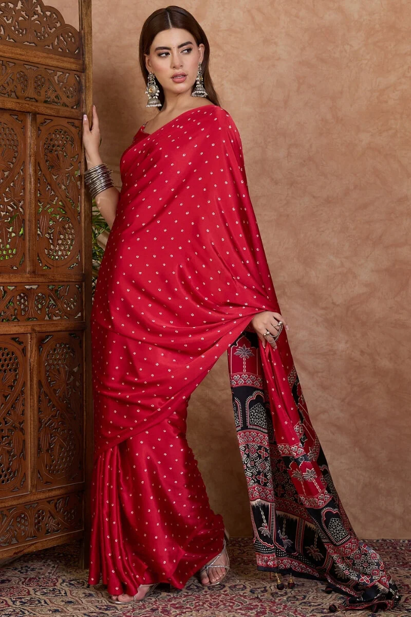 Propinquity Red Ajrakh Printed Semi Modal Silk Saree With Ethnic Blouse Piece - Image 3