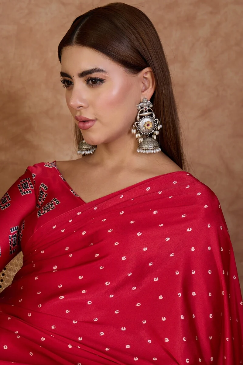 Propinquity Red Ajrakh Printed Semi Modal Silk Saree With Ethnic Blouse Piece - Image 4