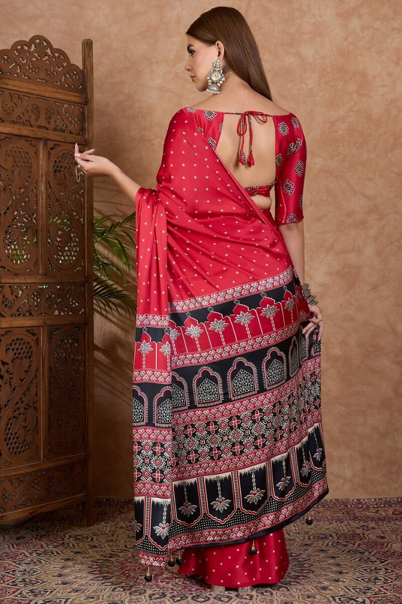 Propinquity Red Ajrakh Printed Semi Modal Silk Saree With Ethnic Blouse Piece - Image 6