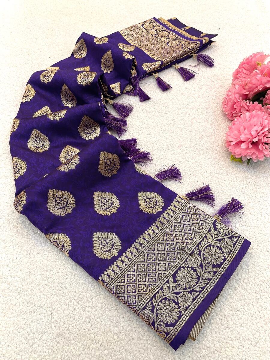Propinquity Royal Purple Pure Zari Weaving Banarasi Silk Saree With Unequalled Blouse Piece - Image 2