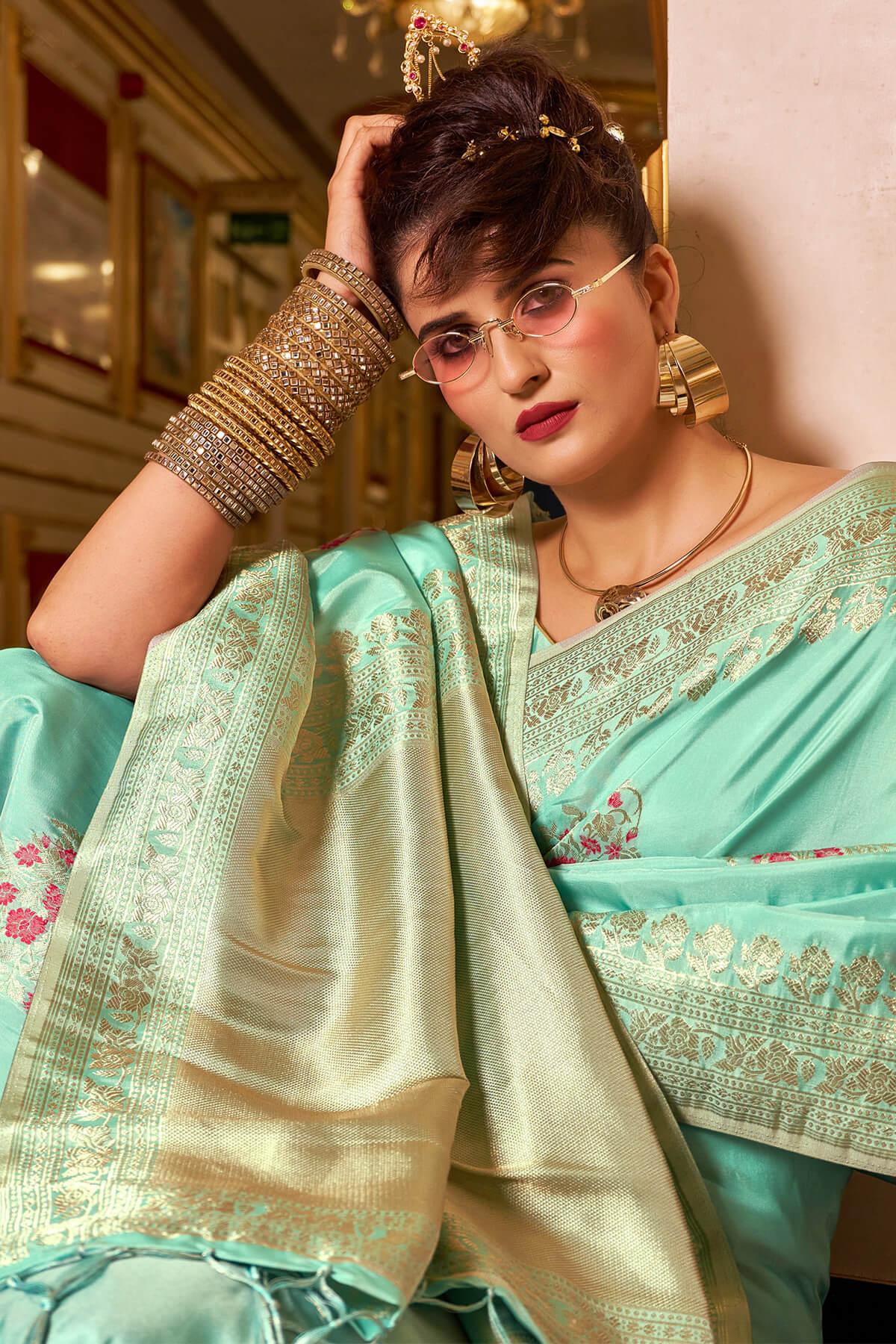 Propinquity Sea Green Pure Zari Weaving Banarasi Silk Saree With Zephyr Blouse Piece - Image 2