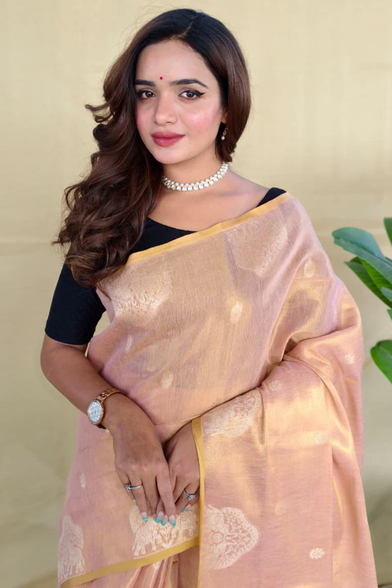 Pulsating Baby Pink Banarasi Tissue Silk Saree With Propinquity Blouse Piece - Image 2
