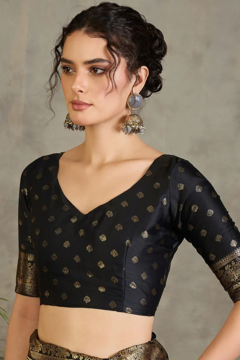 Pulsating Off White Ajrakh Printed Semi Modal Silk Saree With Forbearance Blouse Piece - Image 6