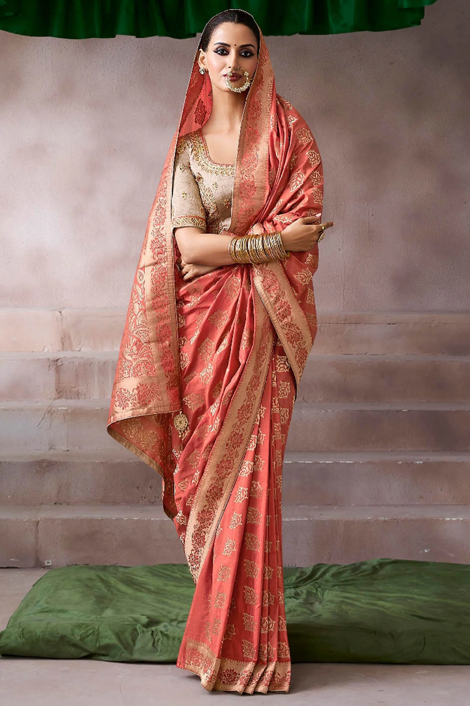 Pulsating Peach Banarasi Satin Silk Saree With Demure Blouse