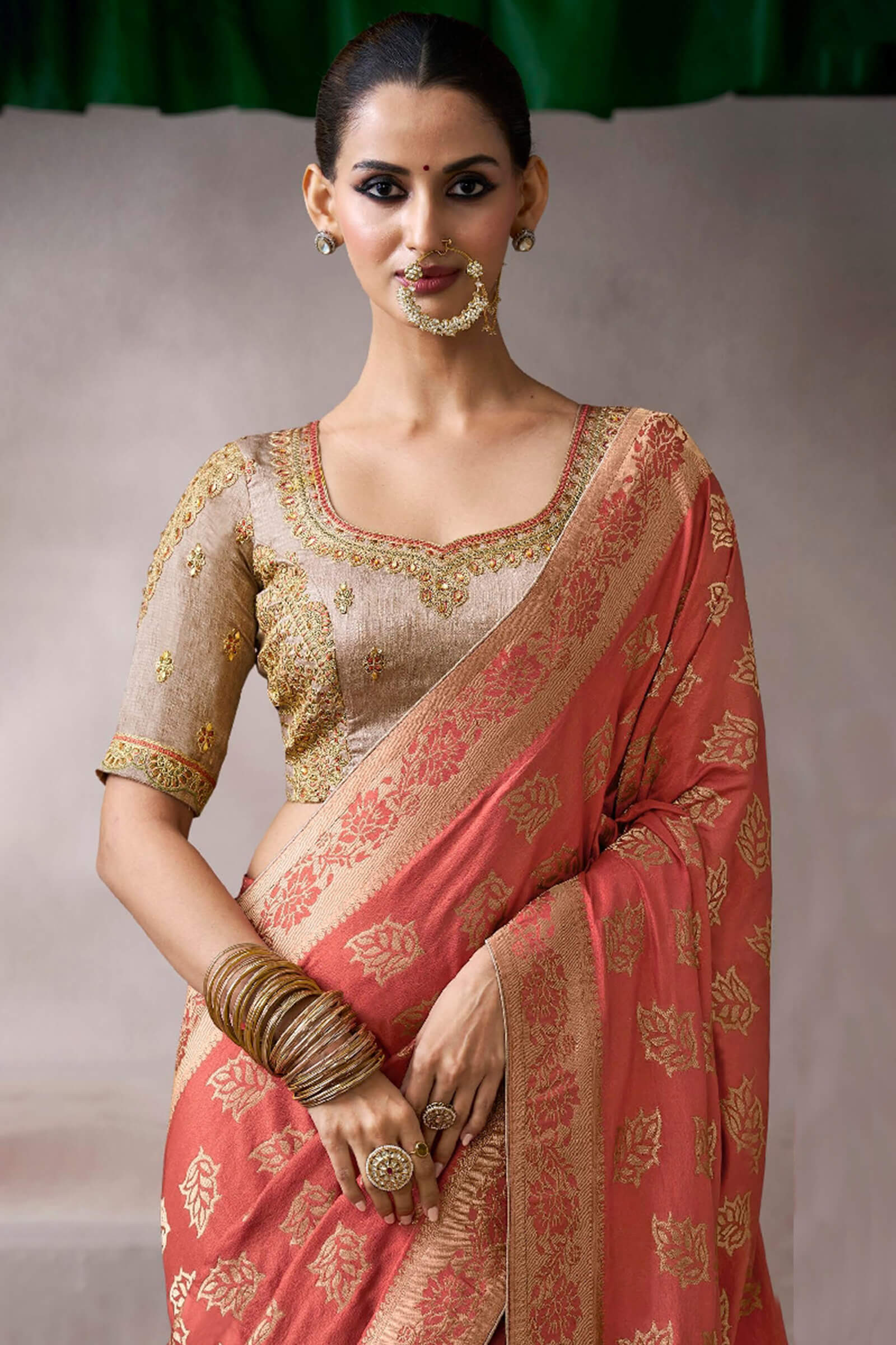 Pulsating Peach Banarasi Satin Silk Saree With Demure Blouse - Image 2